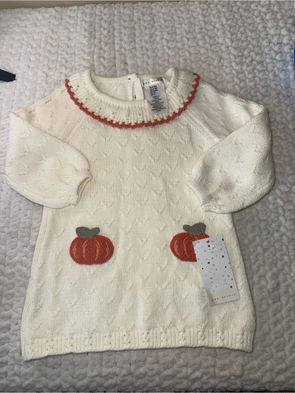 Max Studio Cream Knit Sweater Dress with Orange Pumpkin Accents
